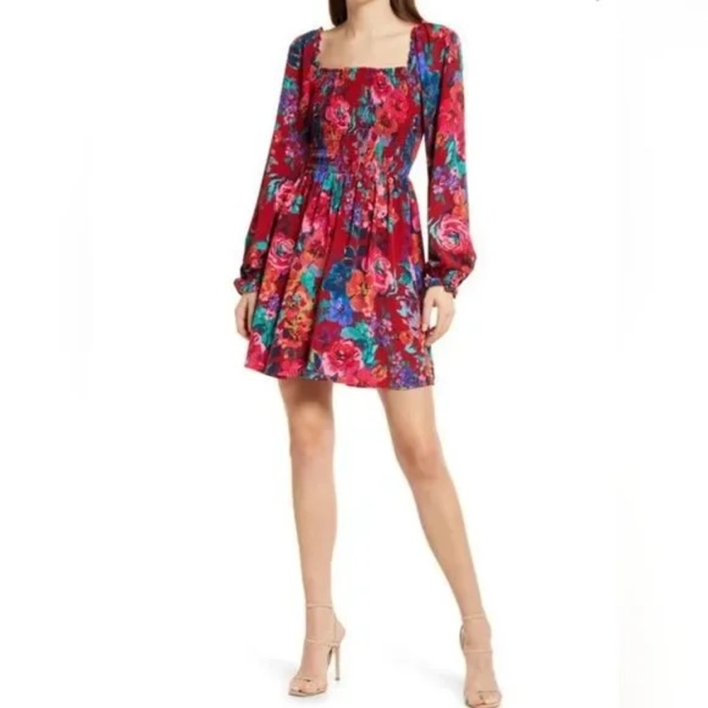 Charles Henry Floral Print Smocked Long Sleeve Minidress size large